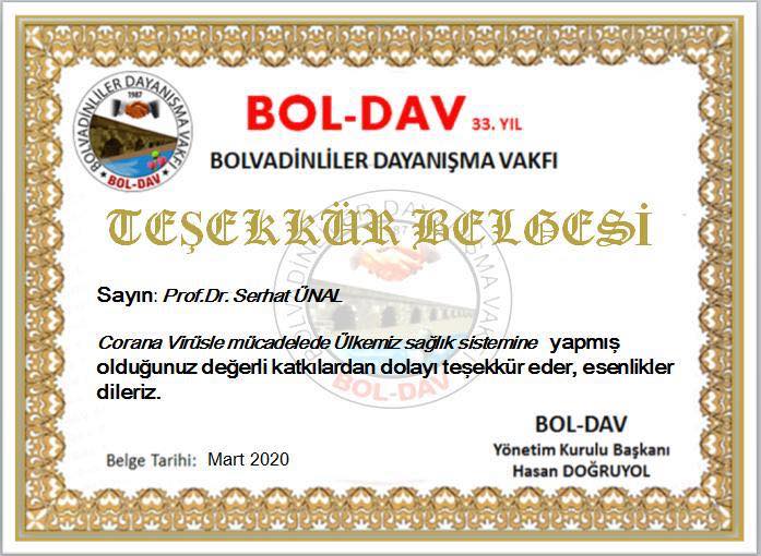 BOL-DAV’DAN PROF.DR.SERHAT ÜNAL’A TEŞEKKÜR BELGESİ.!