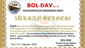BOL-DAV'DAN RAHMETLİ KURUCULARIMIZA ŞÜKRAN BELGESİ.