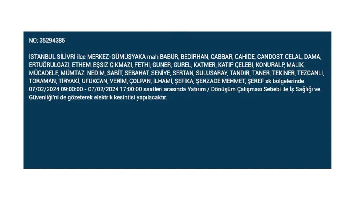 İstanbul'da 7 Şubat 2024 Çarşamba günü elektrik kesintisi