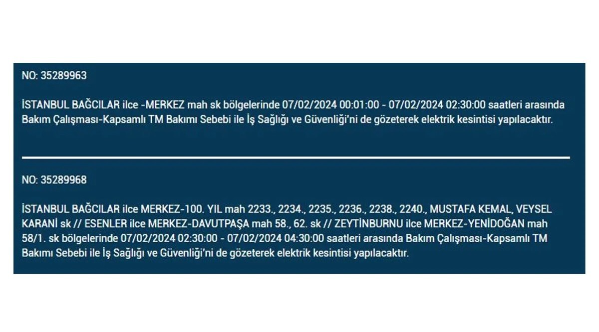 İstanbul'da 7 Şubat 2024 Çarşamba günü elektrik kesintisi