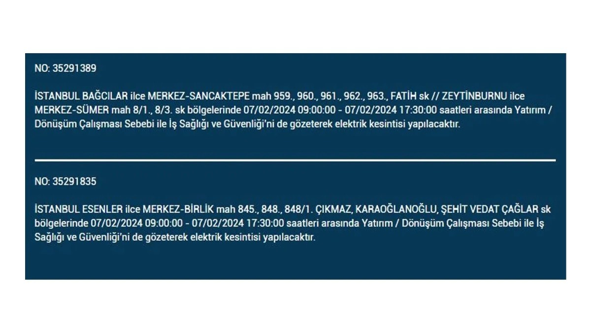 İstanbul'da 7 Şubat 2024 Çarşamba günü elektrik kesintisi