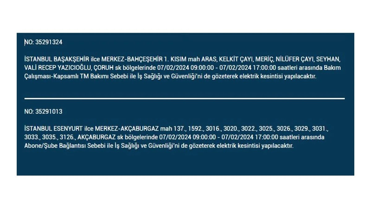 İstanbul'da 7 Şubat 2024 Çarşamba günü elektrik kesintisi