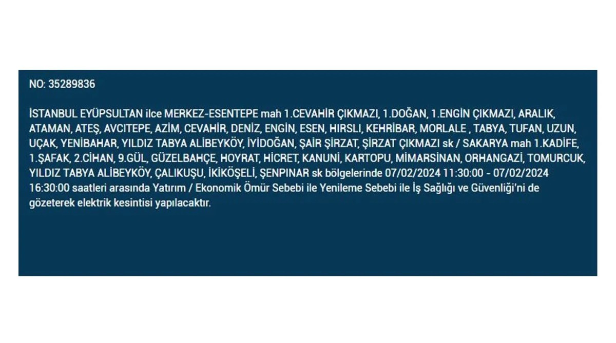 İstanbul'da 7 Şubat 2024 Çarşamba günü elektrik kesintisi
