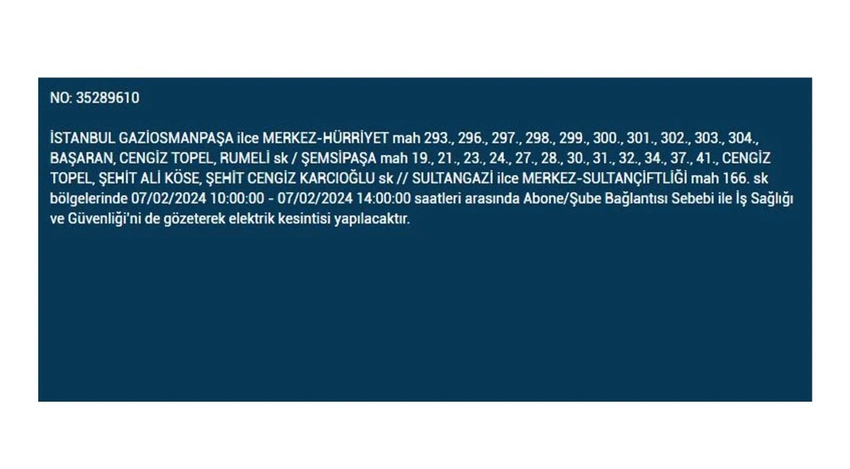 İstanbul'da 7 Şubat 2024 Çarşamba günü elektrik kesintisi