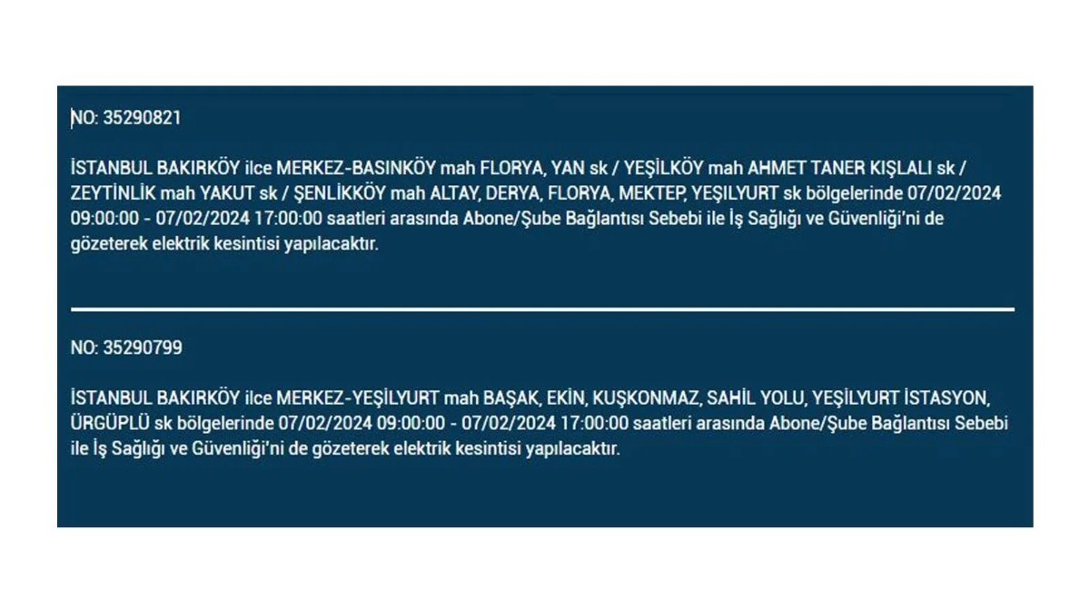 İstanbul'da 7 Şubat 2024 Çarşamba günü elektrik kesintisi