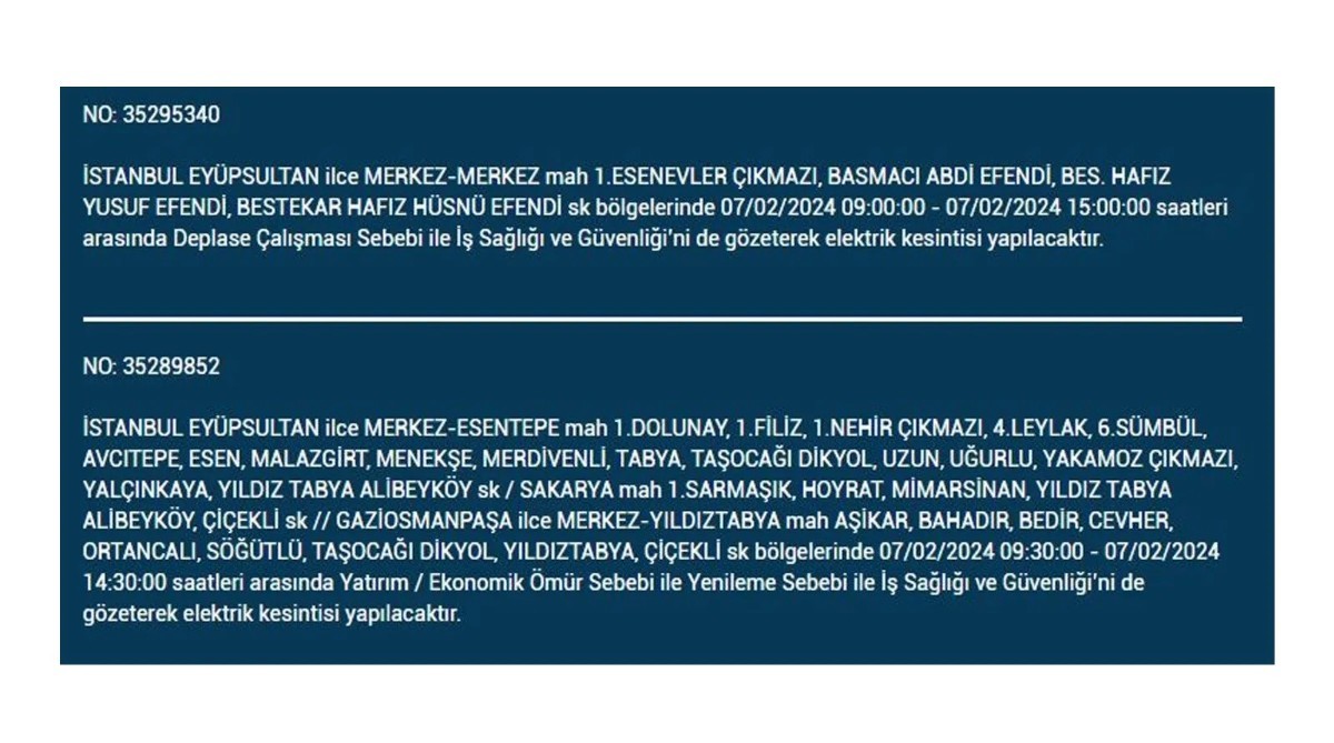 İstanbul'da 7 Şubat 2024 Çarşamba günü elektrik kesintisi