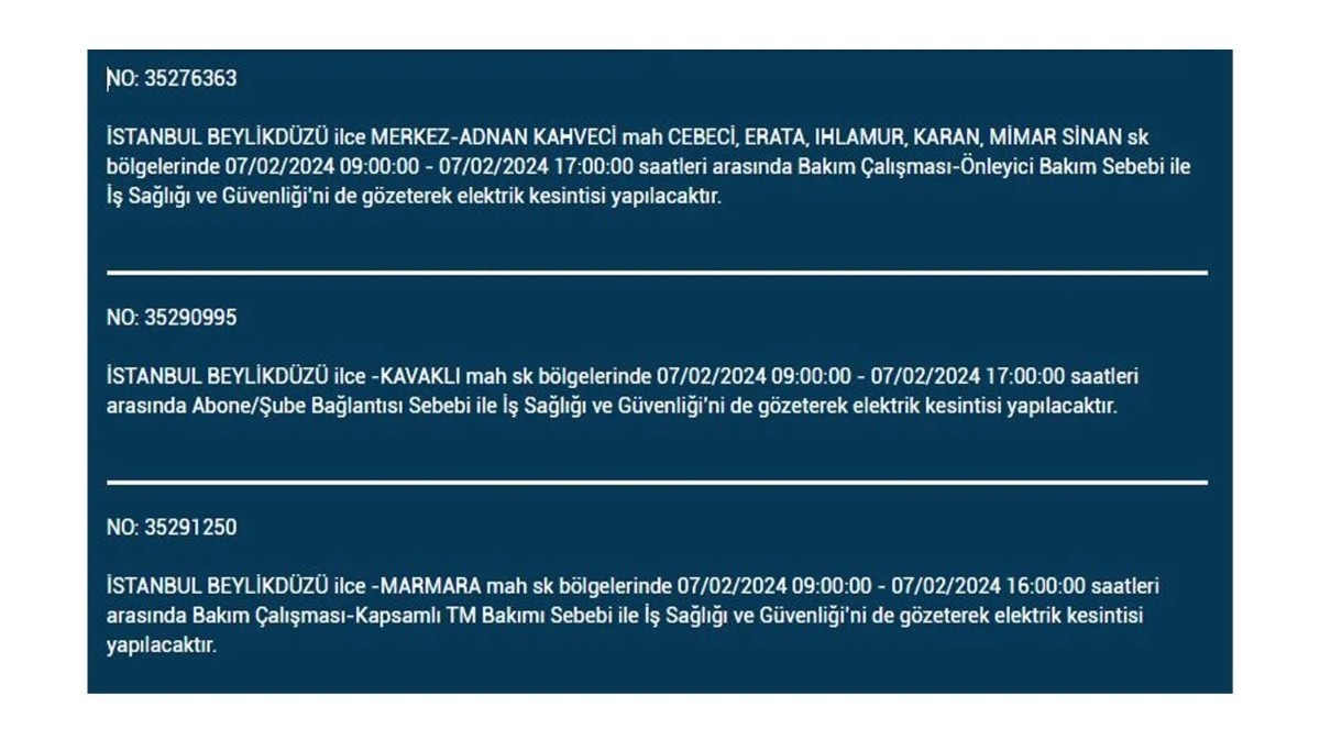 İstanbul'da 7 Şubat 2024 Çarşamba günü elektrik kesintisi