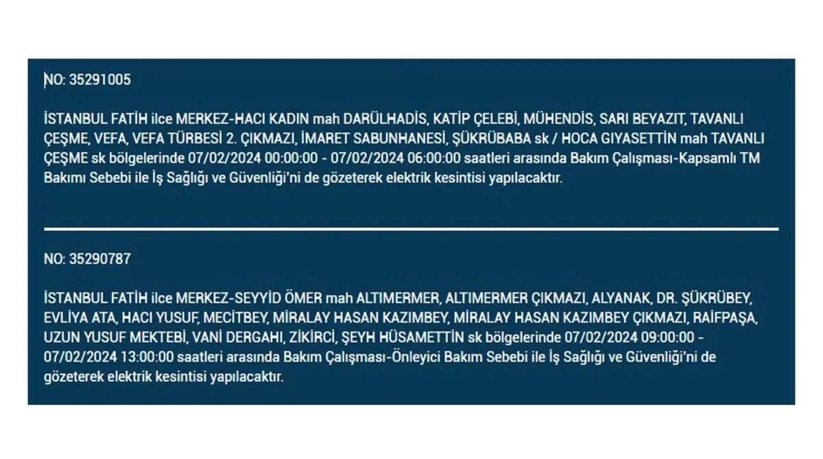 İstanbul'da 7 Şubat 2024 Çarşamba günü elektrik kesintisi