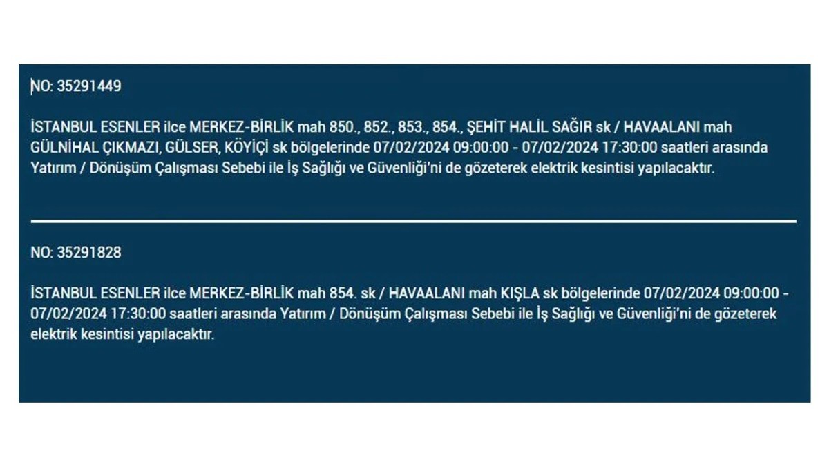 İstanbul'da 7 Şubat 2024 Çarşamba günü elektrik kesintisi