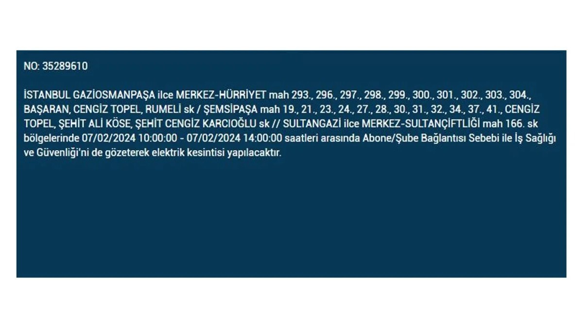 İstanbul'da 7 Şubat 2024 Çarşamba günü elektrik kesintisi