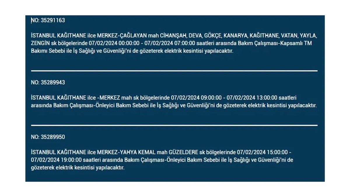 İstanbul'da 7 Şubat 2024 Çarşamba günü elektrik kesintisi