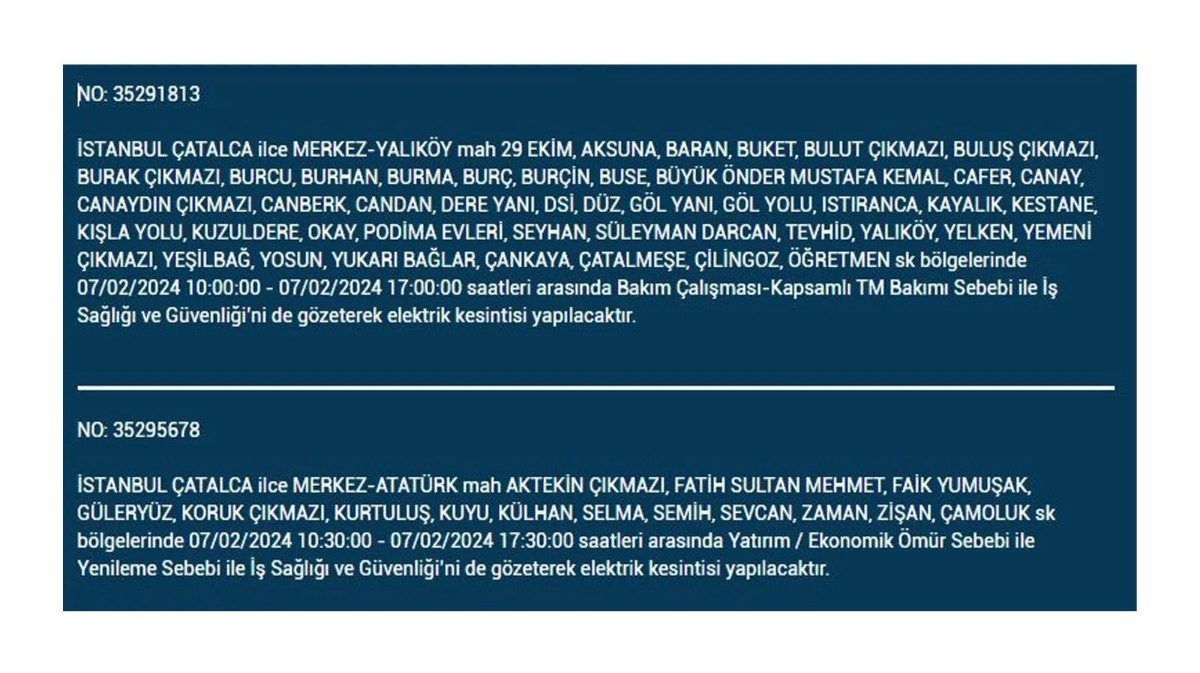 İstanbul'da 7 Şubat 2024 Çarşamba günü elektrik kesintisi