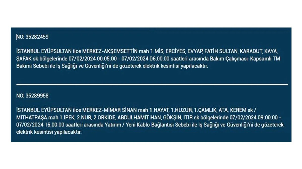 İstanbul'da 7 Şubat 2024 Çarşamba günü elektrik kesintisi