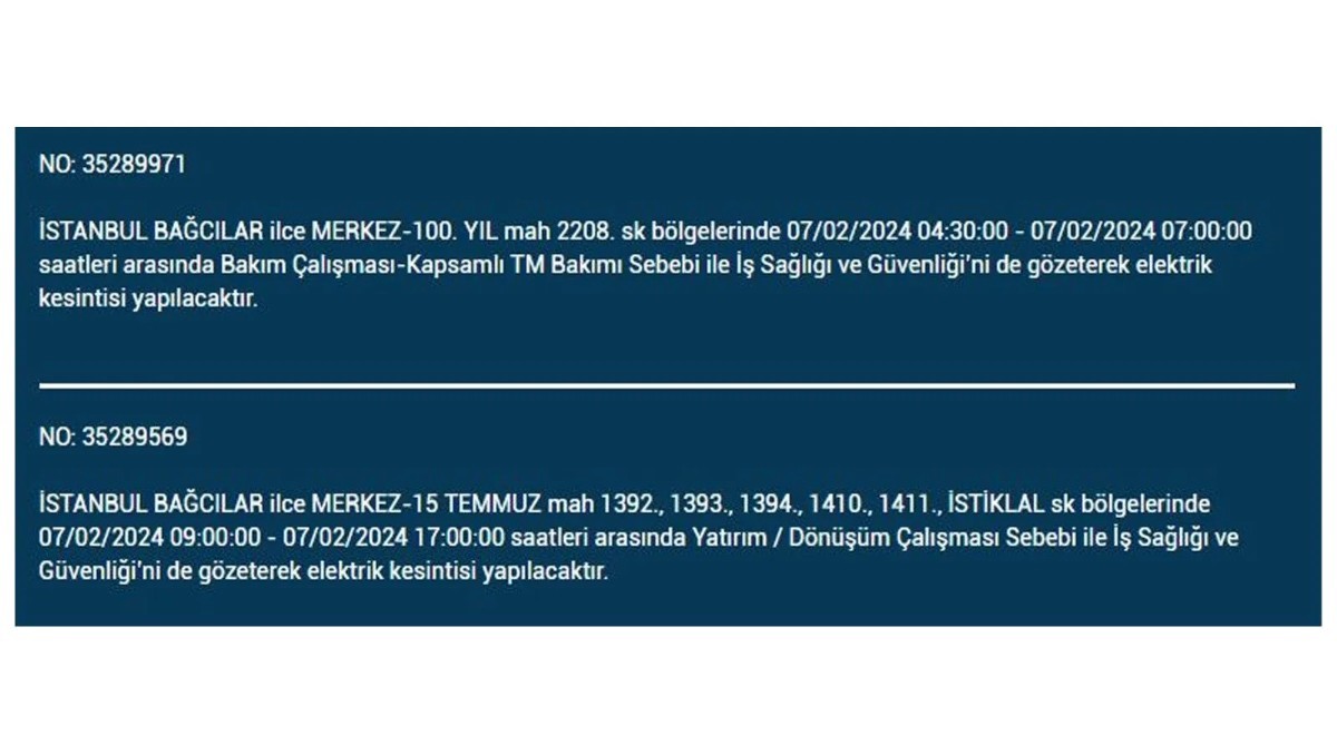 İstanbul'da 7 Şubat 2024 Çarşamba günü elektrik kesintisi