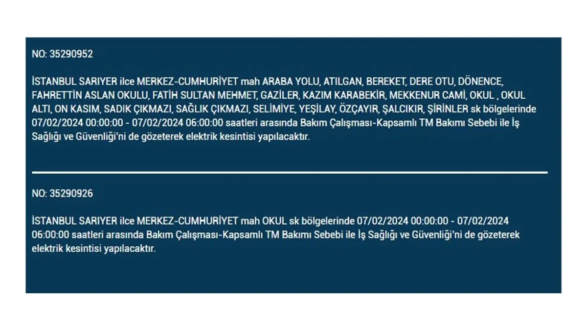 İstanbul'da 7 Şubat 2024 Çarşamba günü elektrik kesintisi