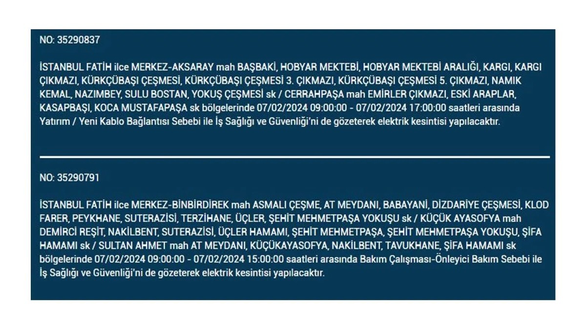 İstanbul'da 7 Şubat 2024 Çarşamba günü elektrik kesintisi