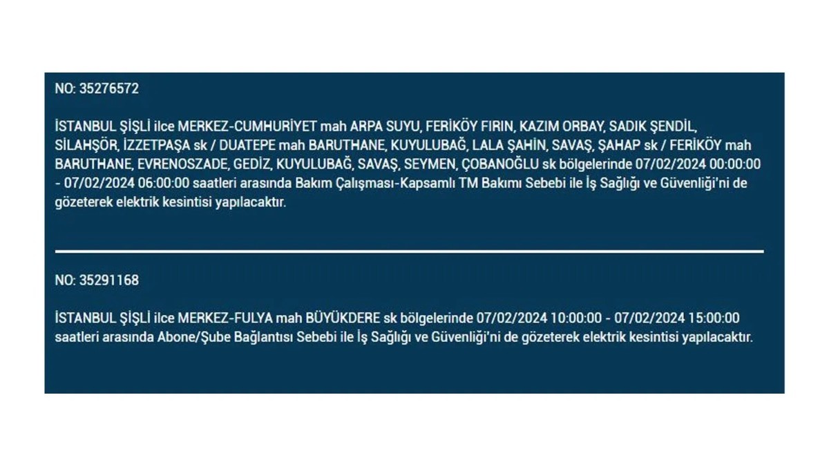 İstanbul'da 7 Şubat 2024 Çarşamba günü elektrik kesintisi