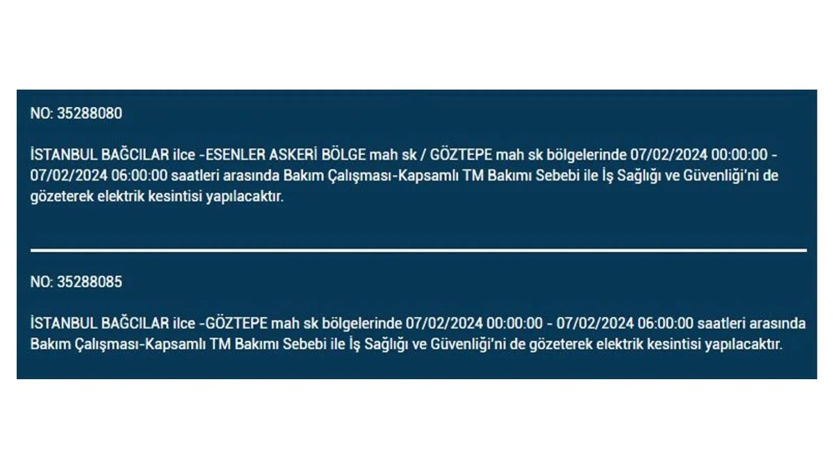 İstanbul'da 7 Şubat 2024 Çarşamba günü elektrik kesintisi