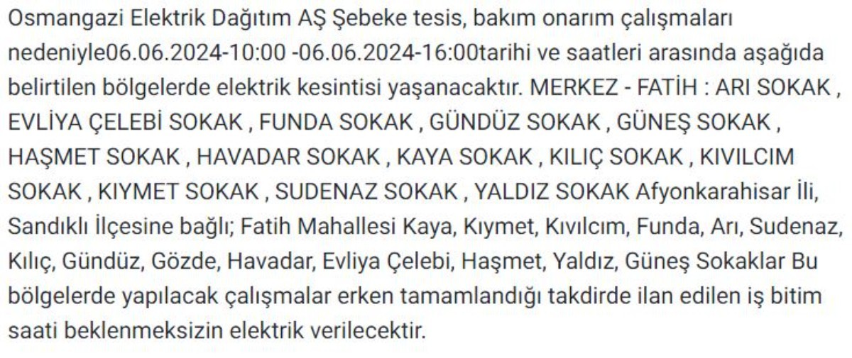 Afyon'un birçok ilçesinde elektrik kesintisi yapılacak