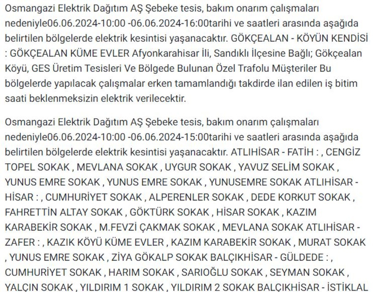 Afyon'un birçok ilçesinde elektrik kesintisi yapılacak