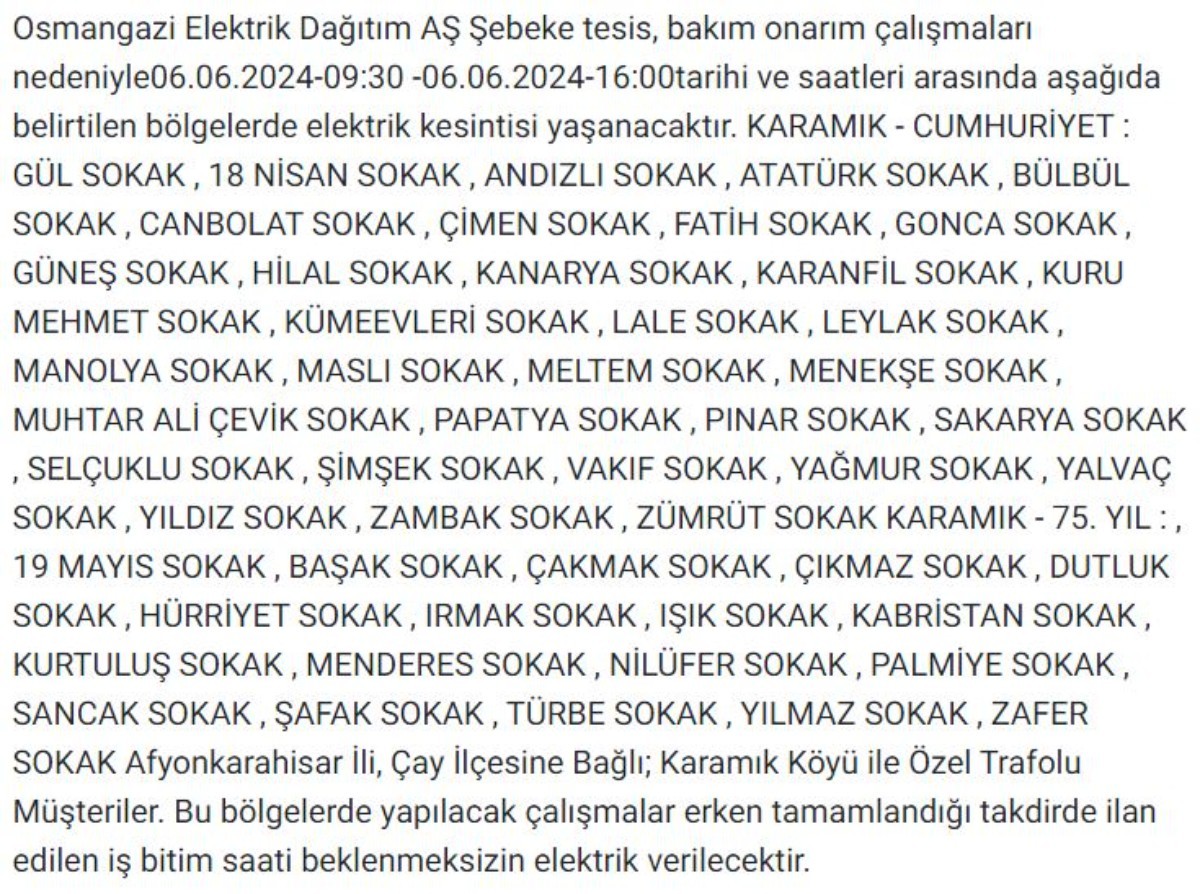 Afyon'un birçok ilçesinde elektrik kesintisi yapılacak