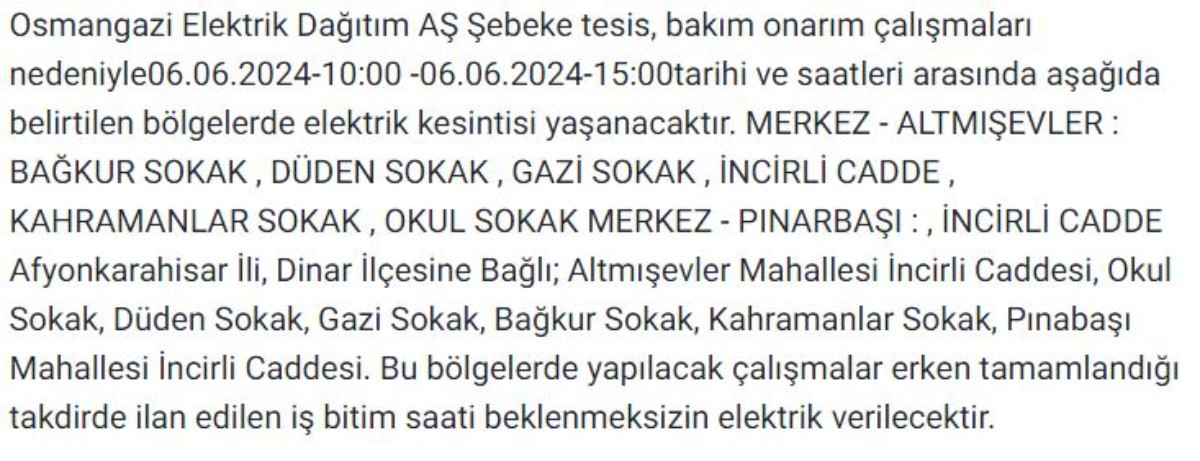 Afyon'un birçok ilçesinde elektrik kesintisi yapılacak
