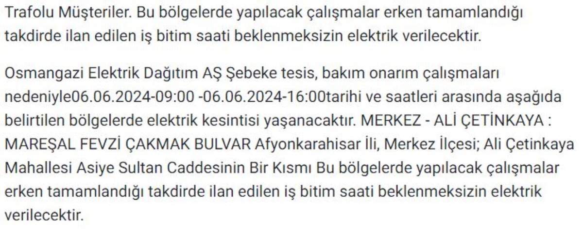 Afyon'un birçok ilçesinde elektrik kesintisi yapılacak