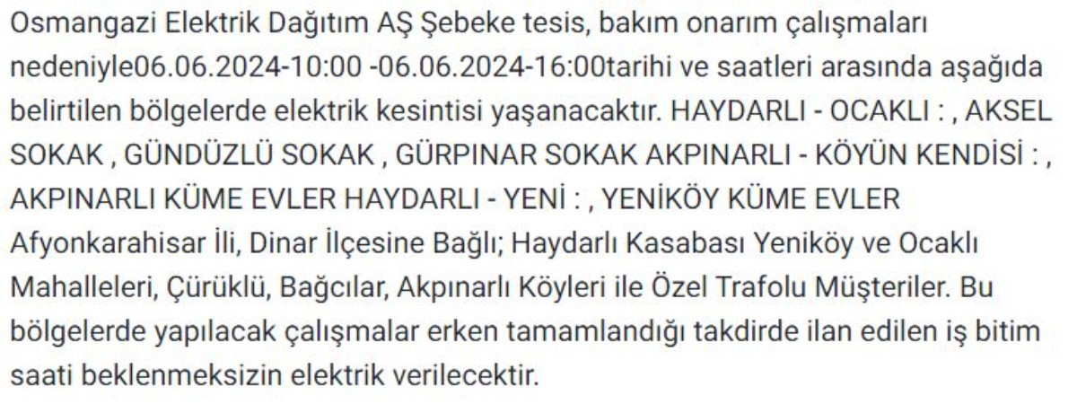 Afyon'un birçok ilçesinde elektrik kesintisi yapılacak