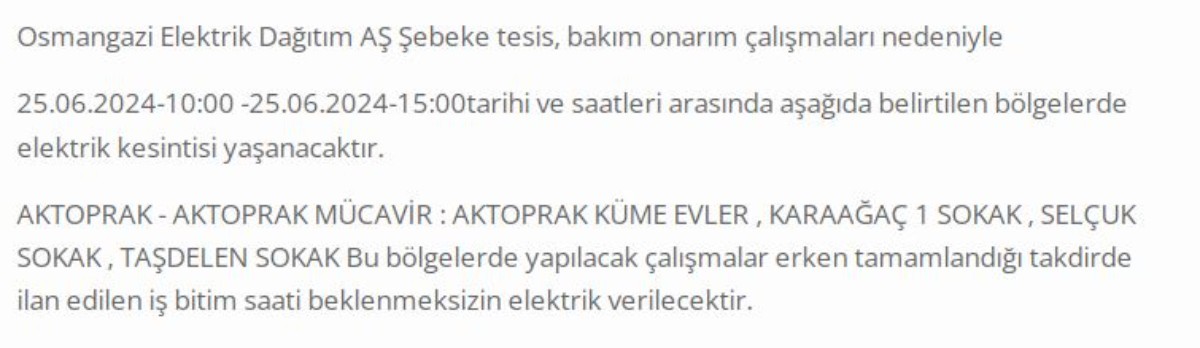 Afyonkarahisar'da 25 Haziran günü elektrik kesintisi