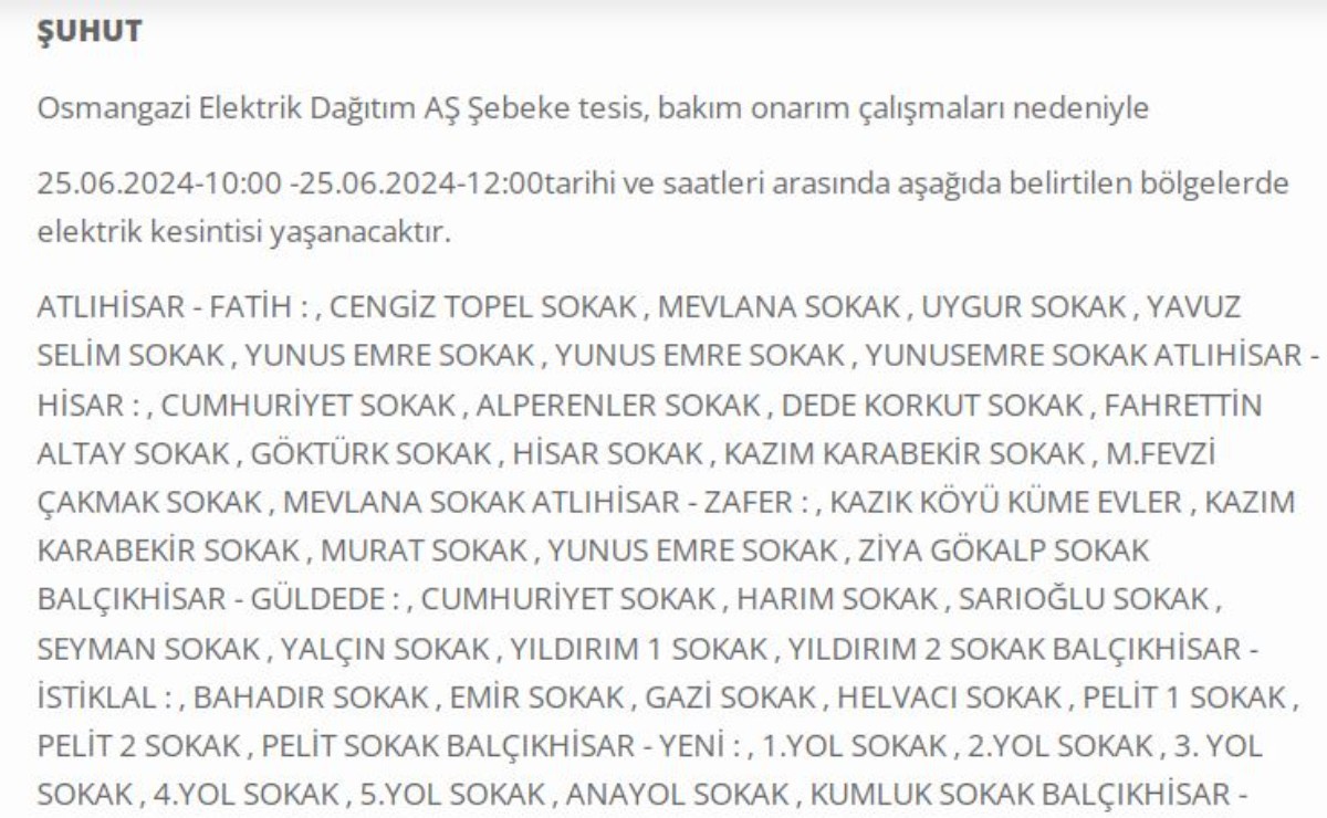 Afyonkarahisar'da 25 Haziran günü elektrik kesintisi
