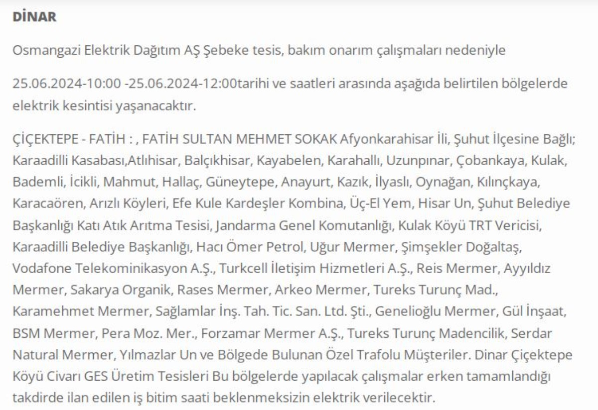 Afyonkarahisar'da 25 Haziran günü elektrik kesintisi