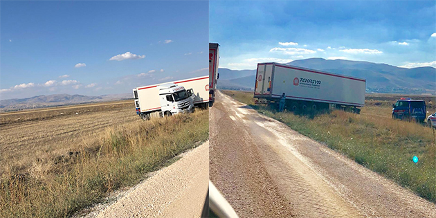 çay Dinar Karayolun’da Tır Tarlaya Savruldu