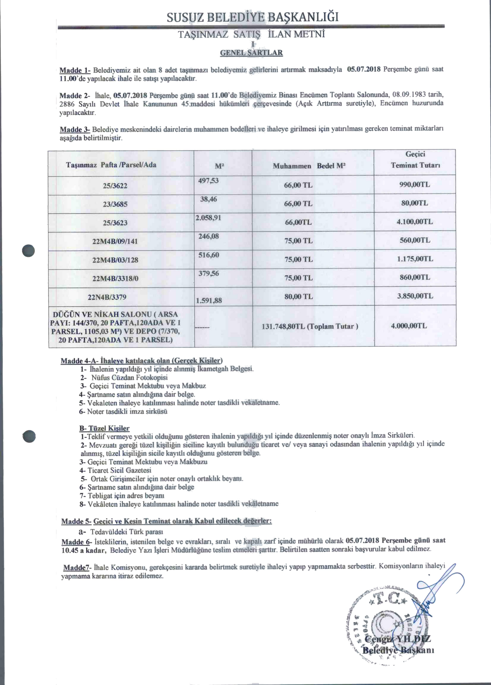 Susuz Belediye Başkanlığından Taşınmaz Satış İlanı