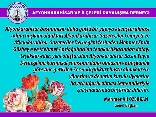 Afyonkarahisar Basın Yayın Derneği Kutlama Mesajı